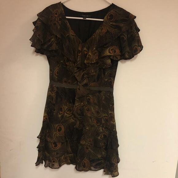 Rachel Zoe Peacock Print Ruffled Silk Dress - Picture 2 of 7
